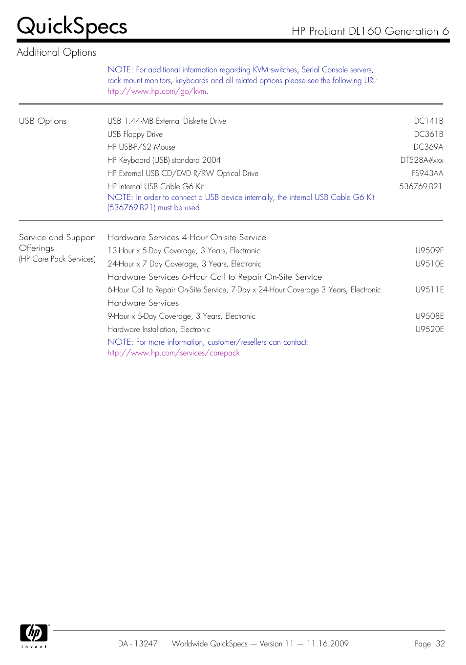 Quickspecs, Hp proliant dl160 generation 6 additional options | HP DL160 User Manual | Page 32 / 50