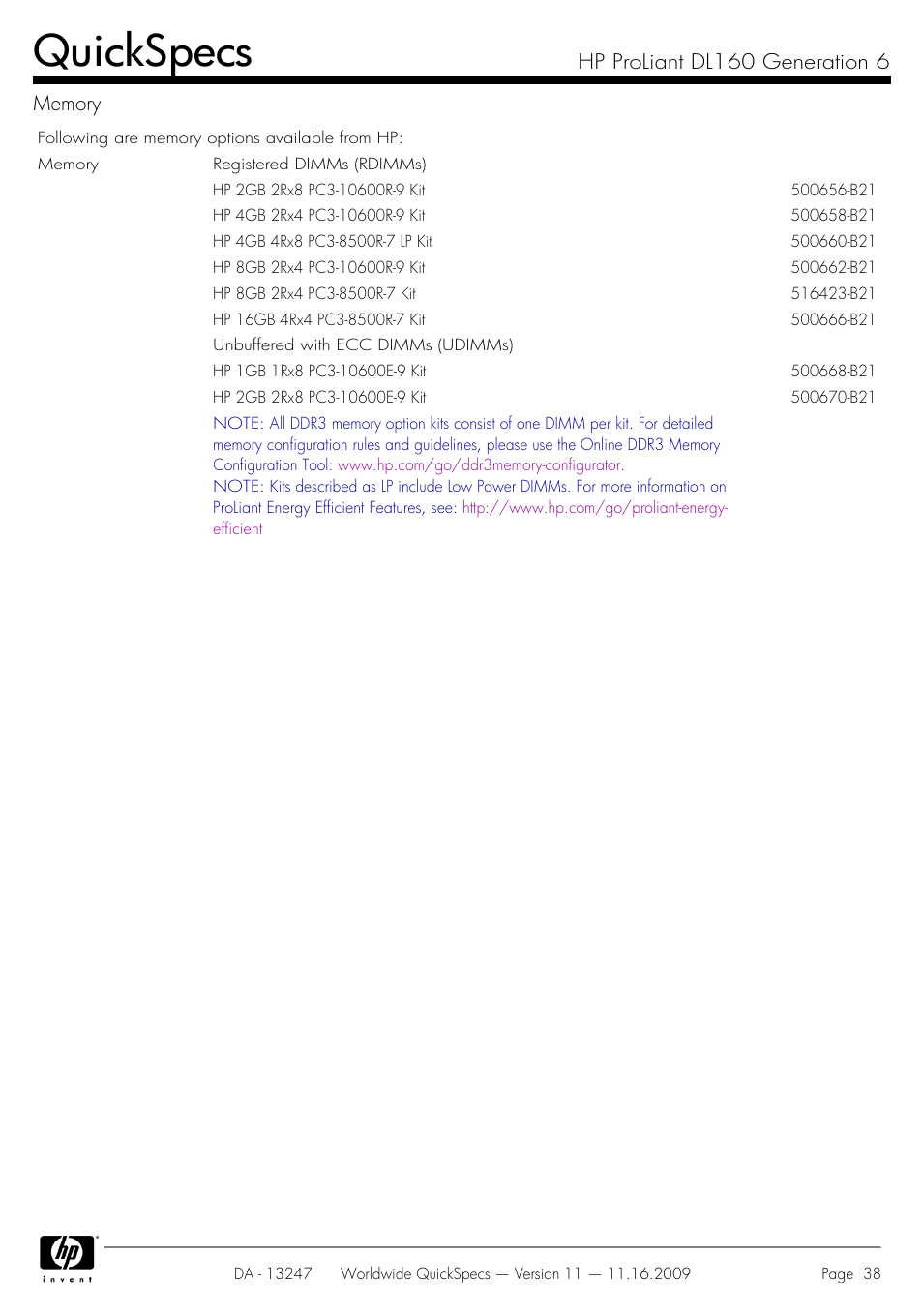 Quickspecs | HP DL160 User Manual | Page 38 / 50