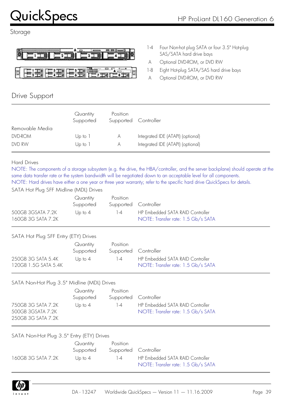 Storage, Quickspecs, Drive support | Hp proliant dl160 generation 6 storage | HP DL160 User Manual | Page 39 / 50