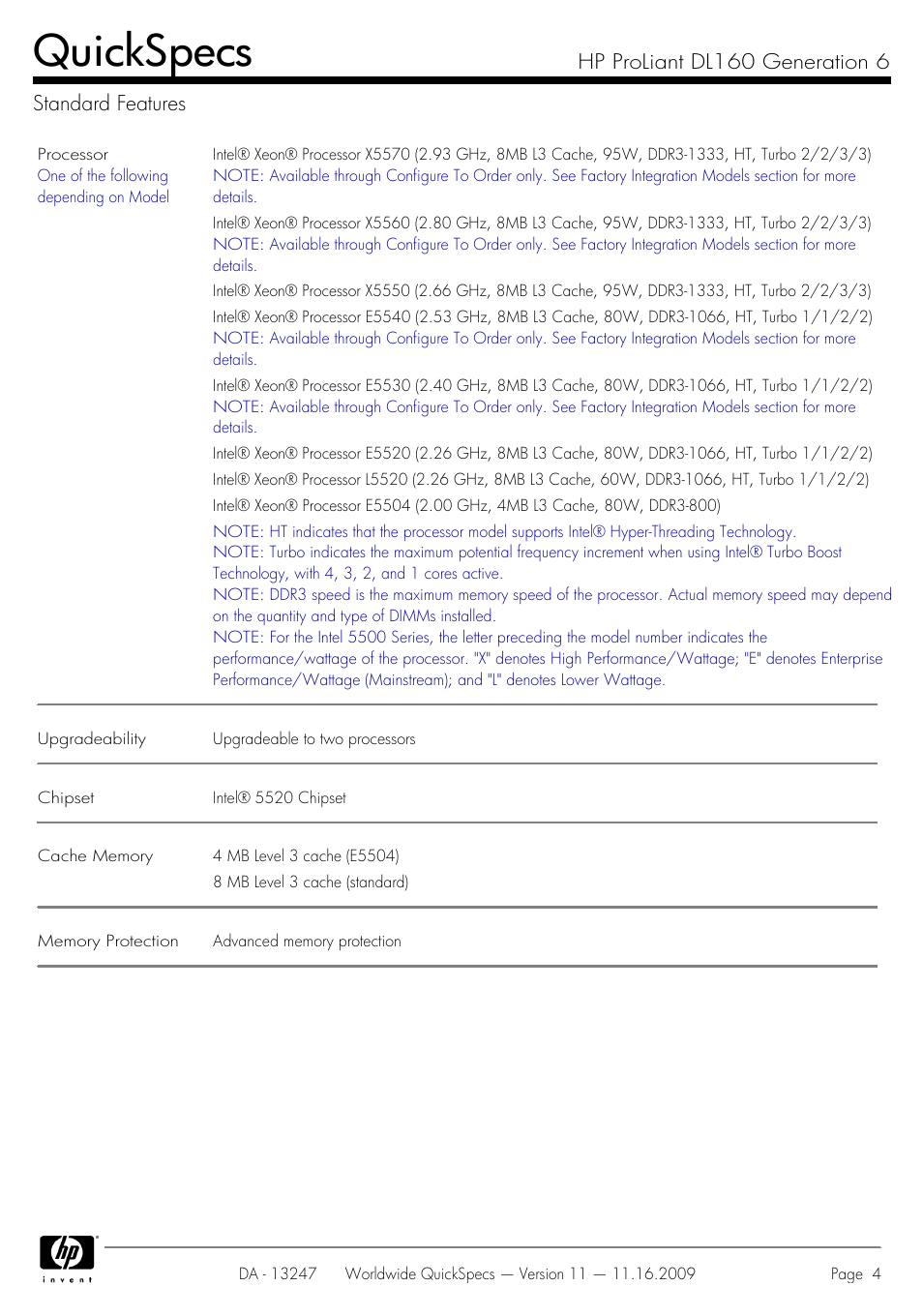 Standard features, Quickspecs, Hp proliant dl160 generation 6 standard features | HP DL160 User Manual | Page 4 / 50