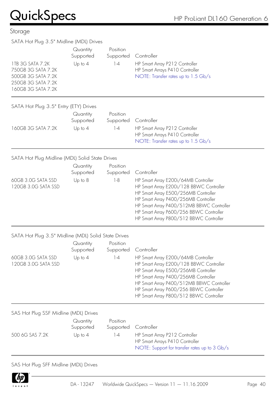 Quickspecs, Hp proliant dl160 generation 6 storage | HP DL160 User Manual | Page 40 / 50