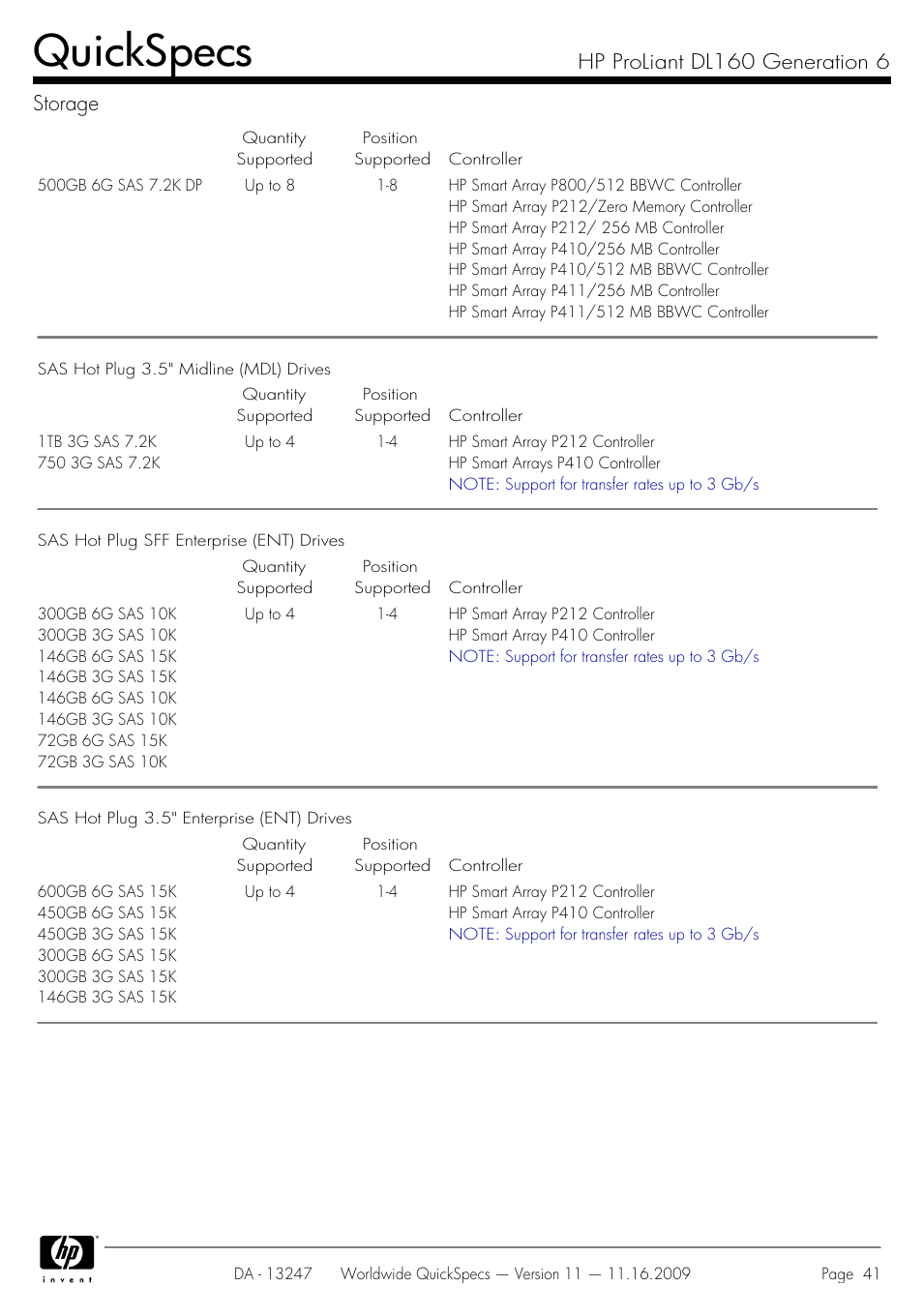 Quickspecs, Hp proliant dl160 generation 6 storage | HP DL160 User Manual | Page 41 / 50