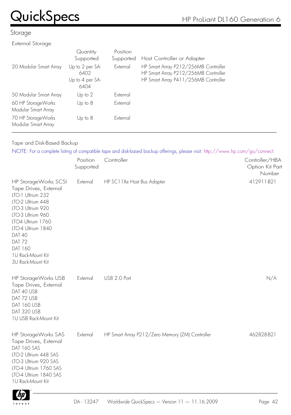 Quickspecs, Hp proliant dl160 generation 6 storage | HP DL160 User Manual | Page 42 / 50