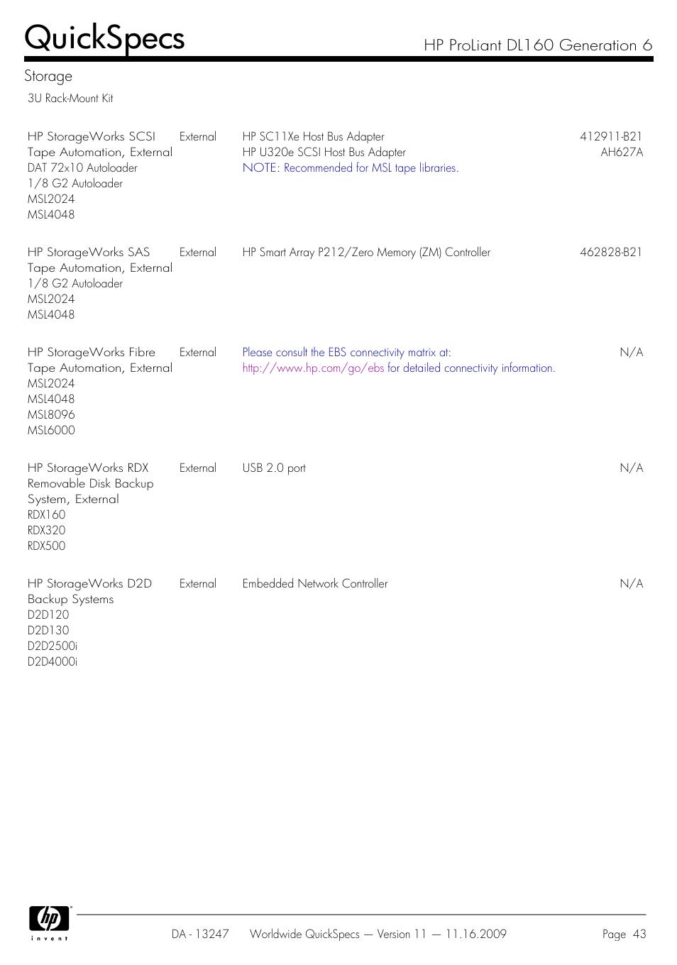 Quickspecs, Hp proliant dl160 generation 6 storage | HP DL160 User Manual | Page 43 / 50