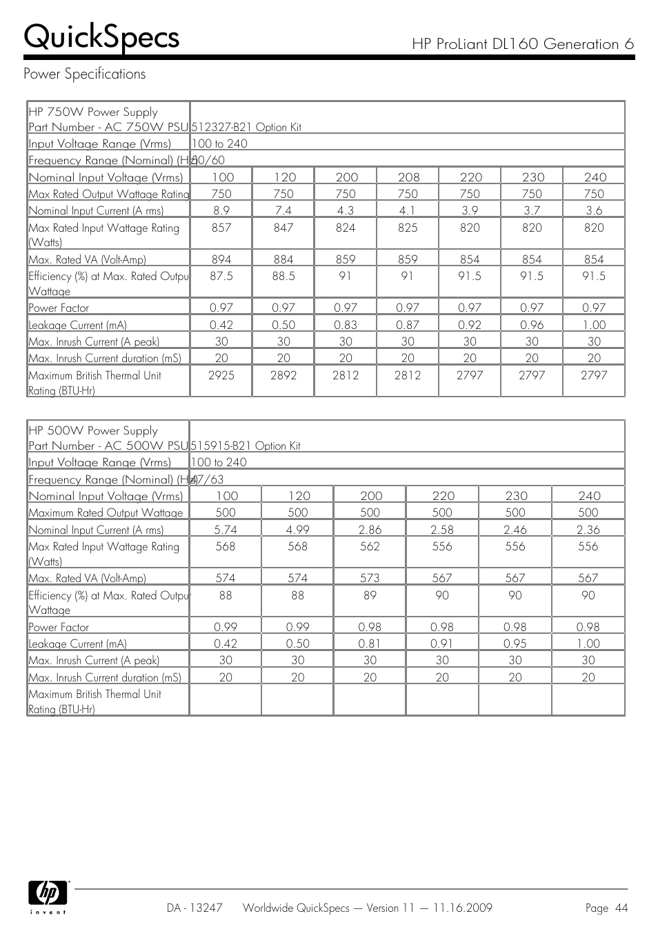 Power specifications, Quickspecs | HP DL160 User Manual | Page 44 / 50