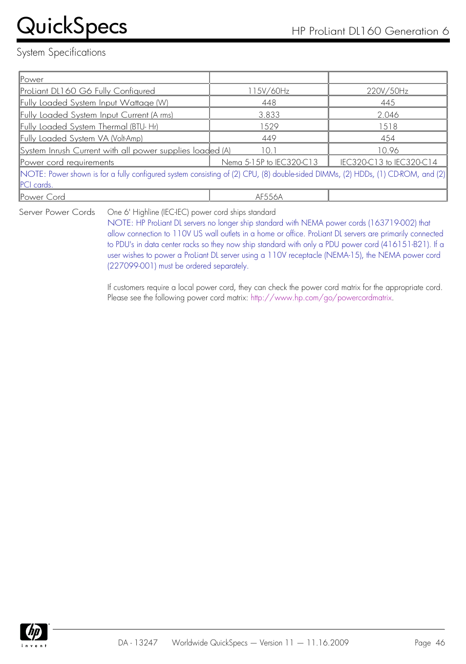 System specifications, Quickspecs | HP DL160 User Manual | Page 46 / 50