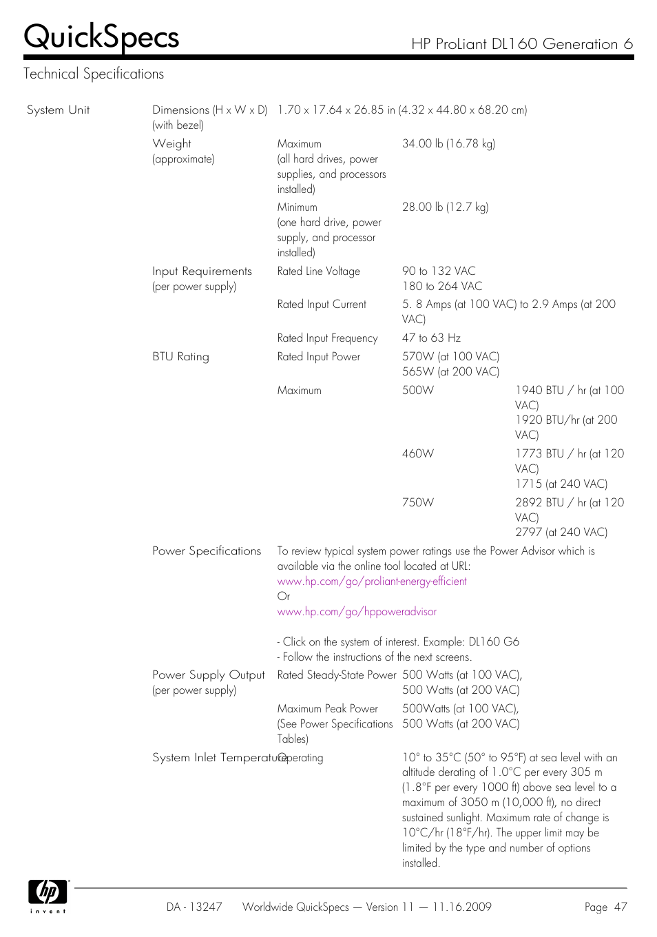 Technical specifications, Quickspecs | HP DL160 User Manual | Page 47 / 50