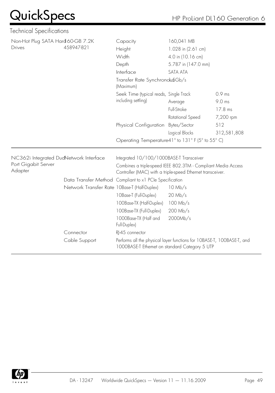 Quickspecs | HP DL160 User Manual | Page 49 / 50
