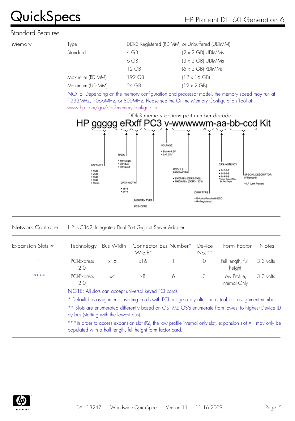 Quickspecs, Hp proliant dl160 generation 6 standard features | HP DL160 User Manual | Page 5 / 50