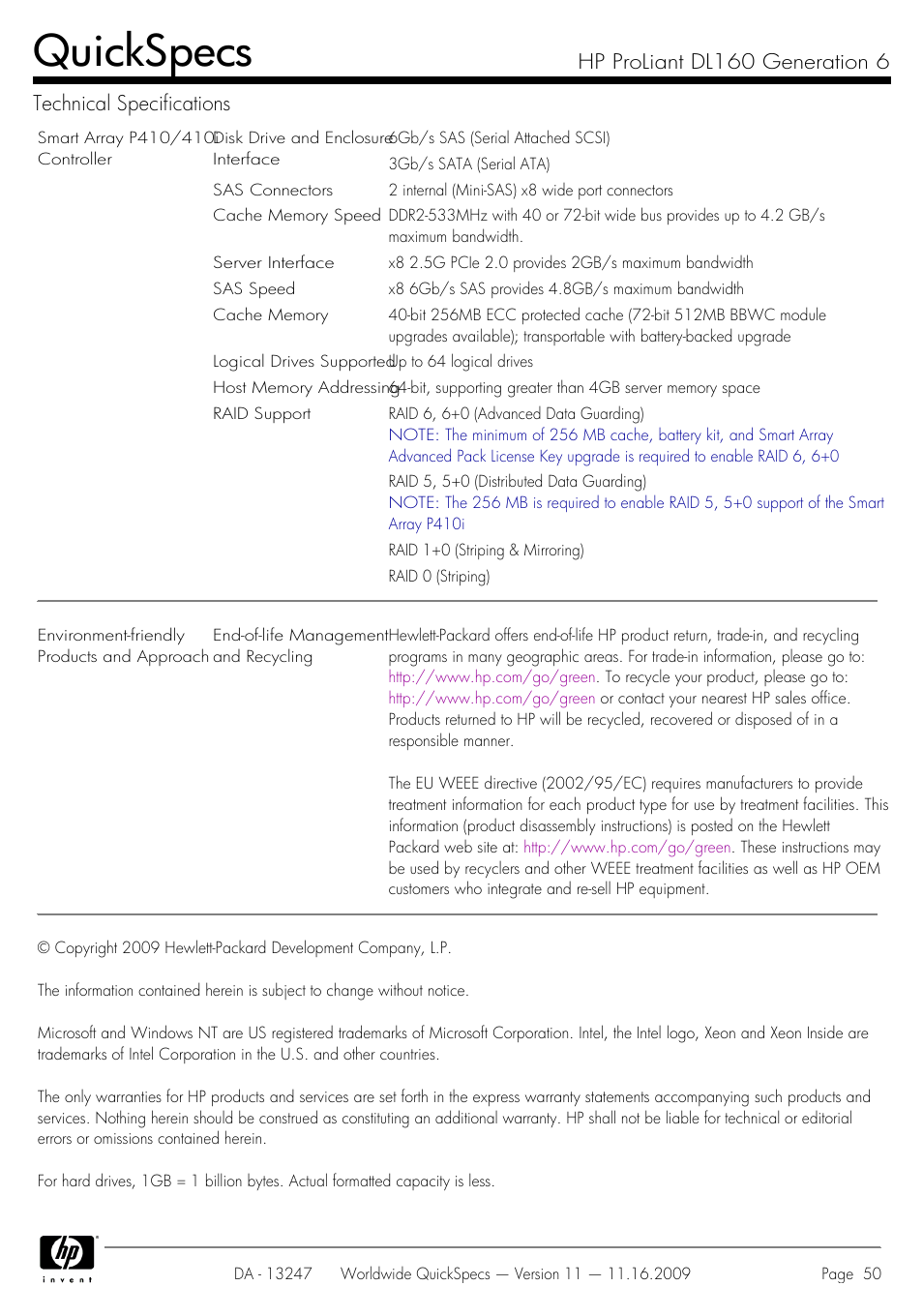 Quickspecs | HP DL160 User Manual | Page 50 / 50