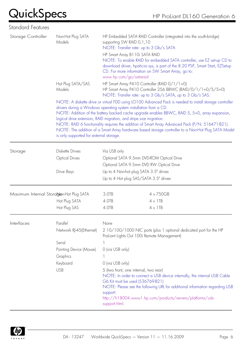 Quickspecs, Hp proliant dl160 generation 6 standard features | HP DL160 User Manual | Page 6 / 50