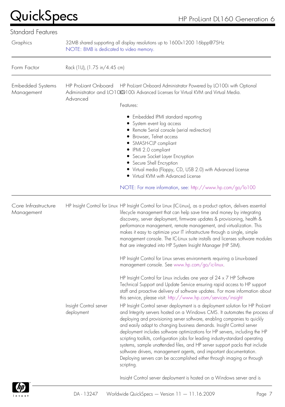 Quickspecs, Hp proliant dl160 generation 6 standard features | HP DL160 User Manual | Page 7 / 50