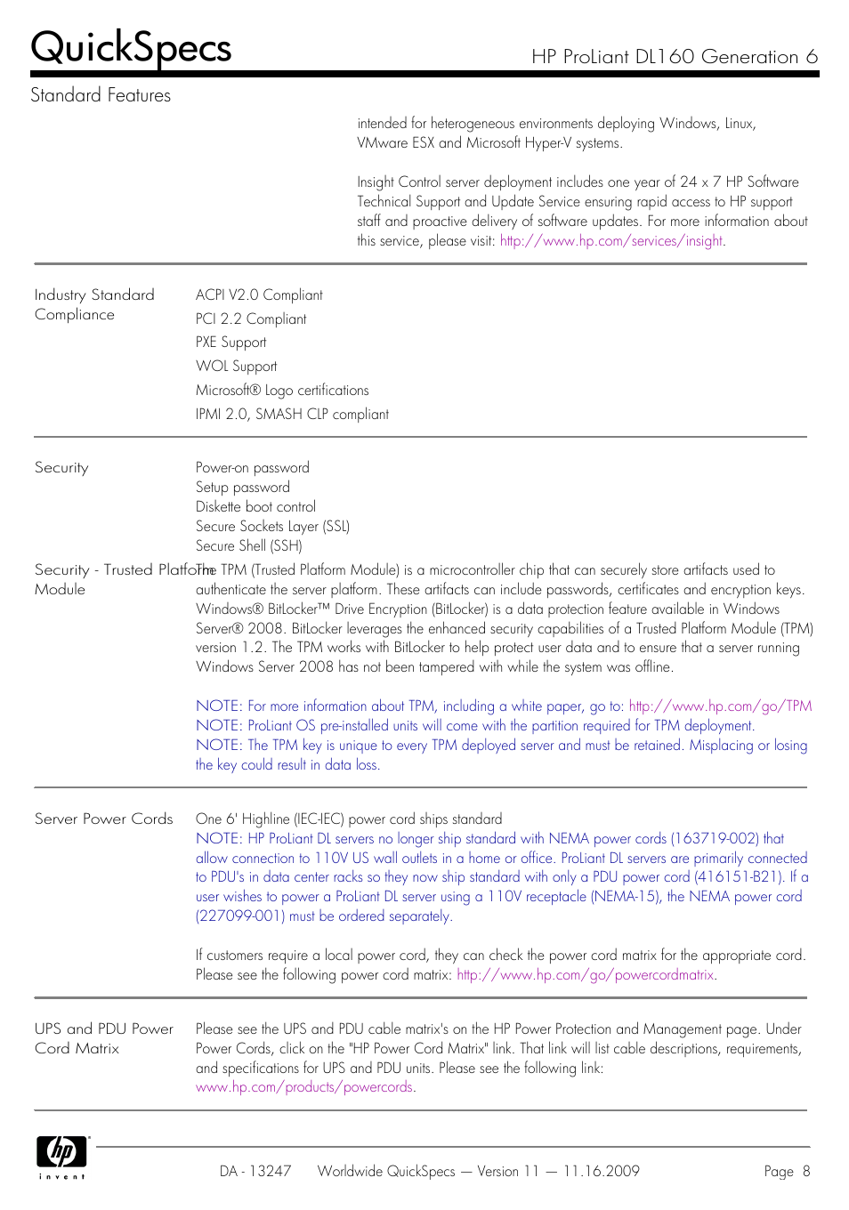 Quickspecs, Hp proliant dl160 generation 6 standard features | HP DL160 User Manual | Page 8 / 50