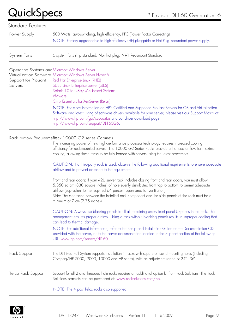 Quickspecs, Hp proliant dl160 generation 6 standard features | HP DL160 User Manual | Page 9 / 50