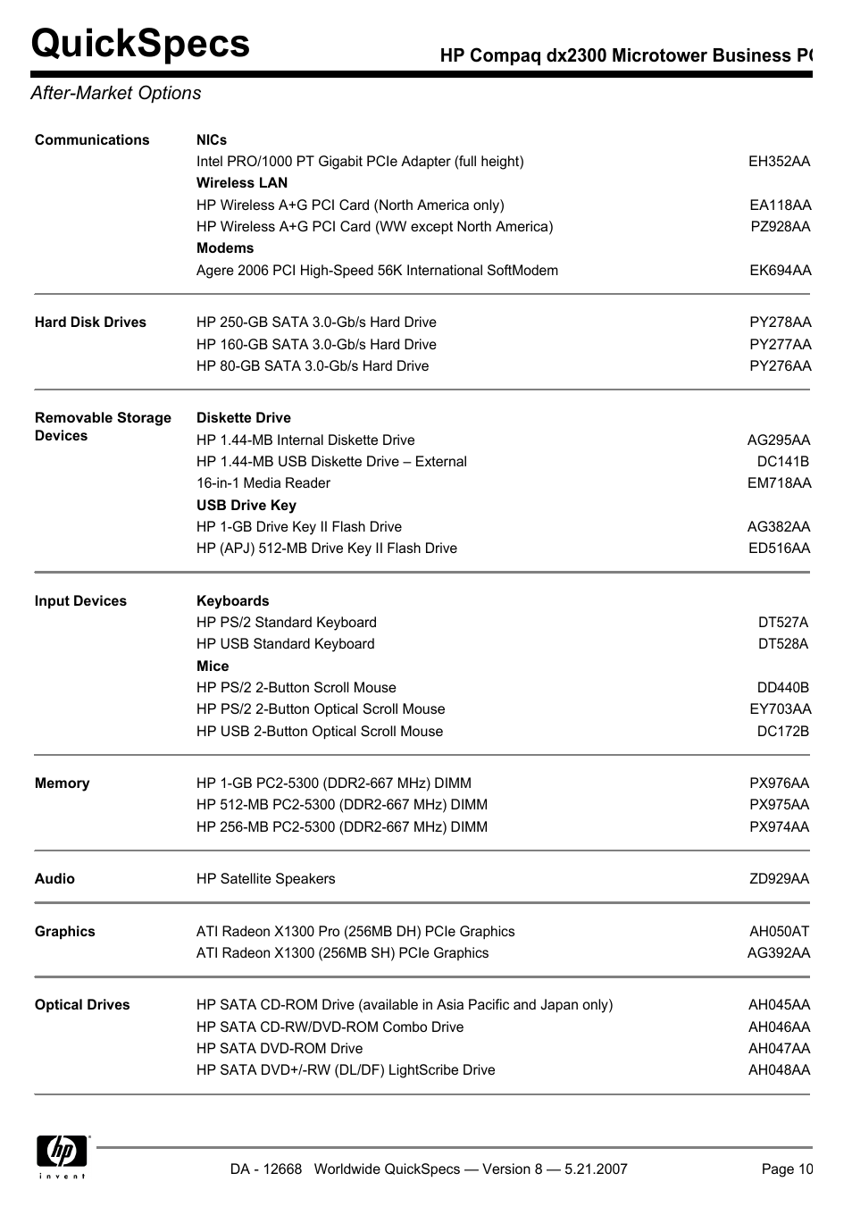 After-market options, Quickspecs | HP Compaq Microtower Business PC dx2300 User Manual | Page 10 / 31