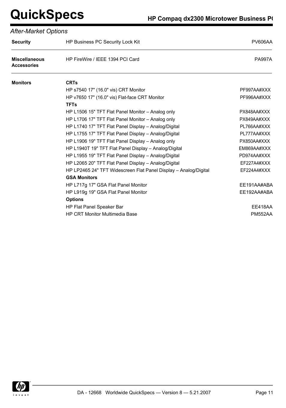 Quickspecs | HP Compaq Microtower Business PC dx2300 User Manual | Page 11 / 31