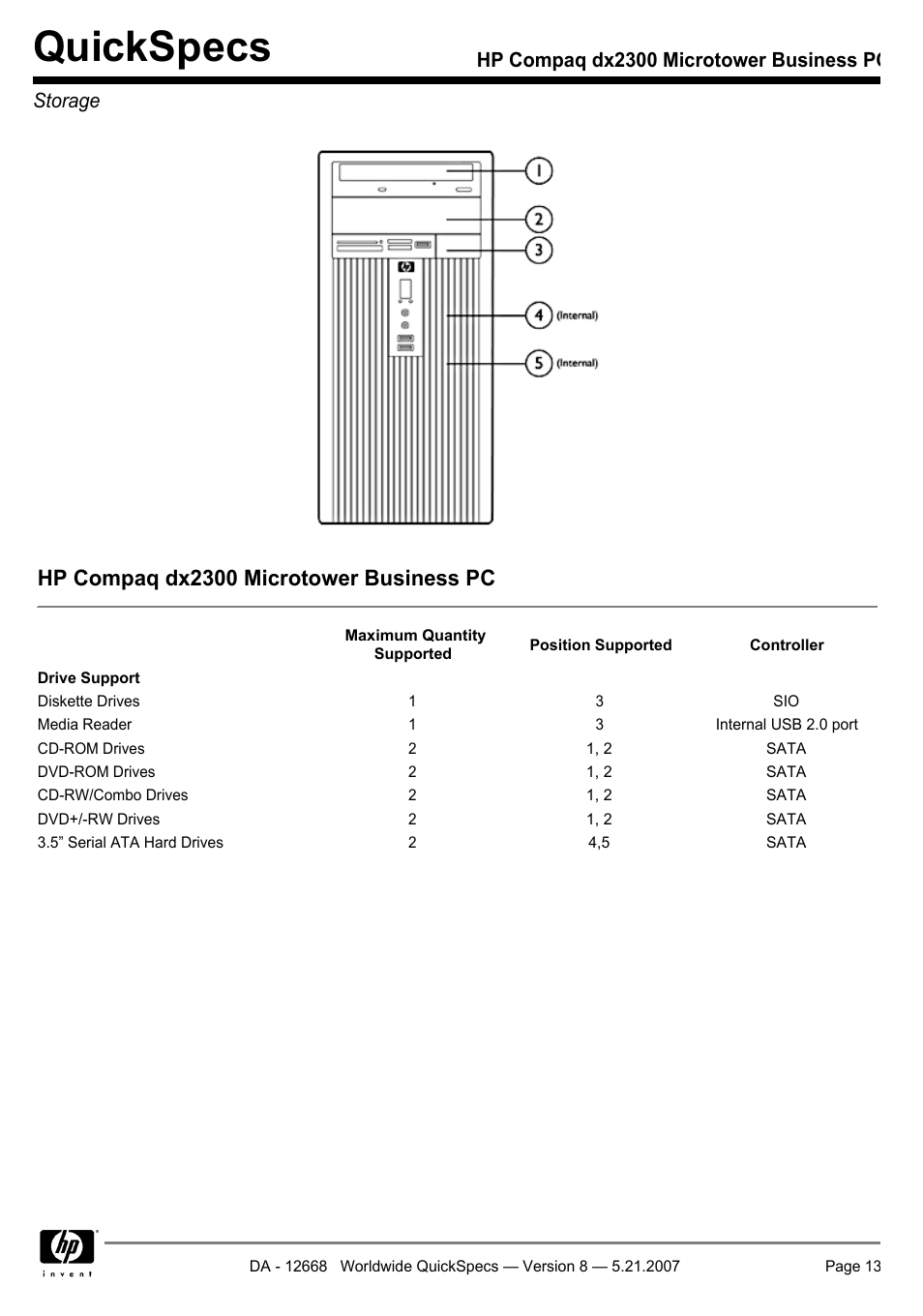 Storage, Quickspecs, Hp compaq dx2300 microtower business pc | Hp compaq dx2300 microtower business pc storage | HP Compaq Microtower Business PC dx2300 User Manual | Page 13 / 31