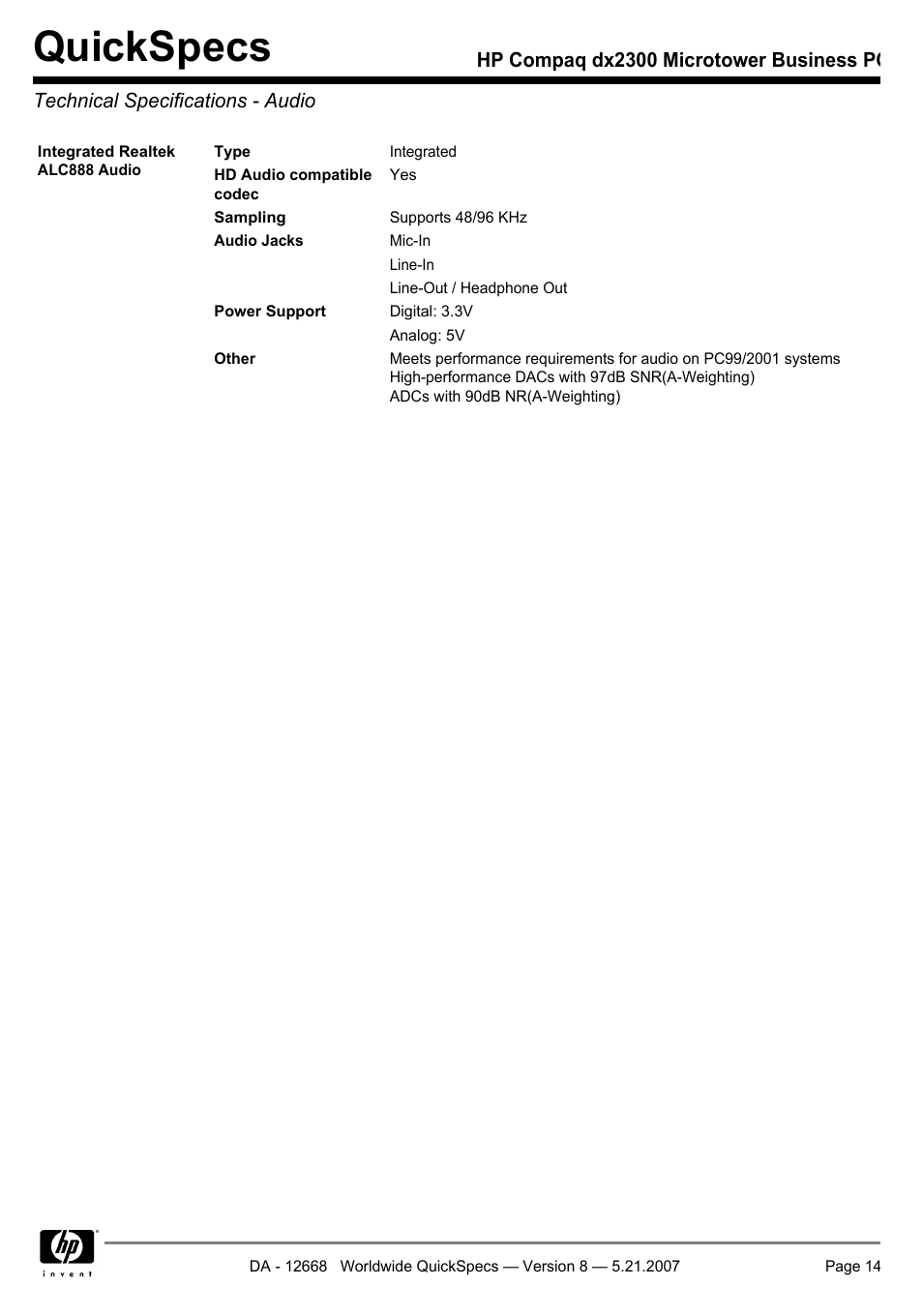 Technical specifications - audio, Quickspecs | HP Compaq Microtower Business PC dx2300 User Manual | Page 14 / 31