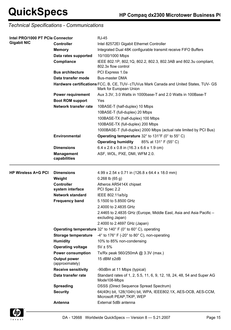 Technical specifications - communications, Quickspecs | HP Compaq Microtower Business PC dx2300 User Manual | Page 15 / 31