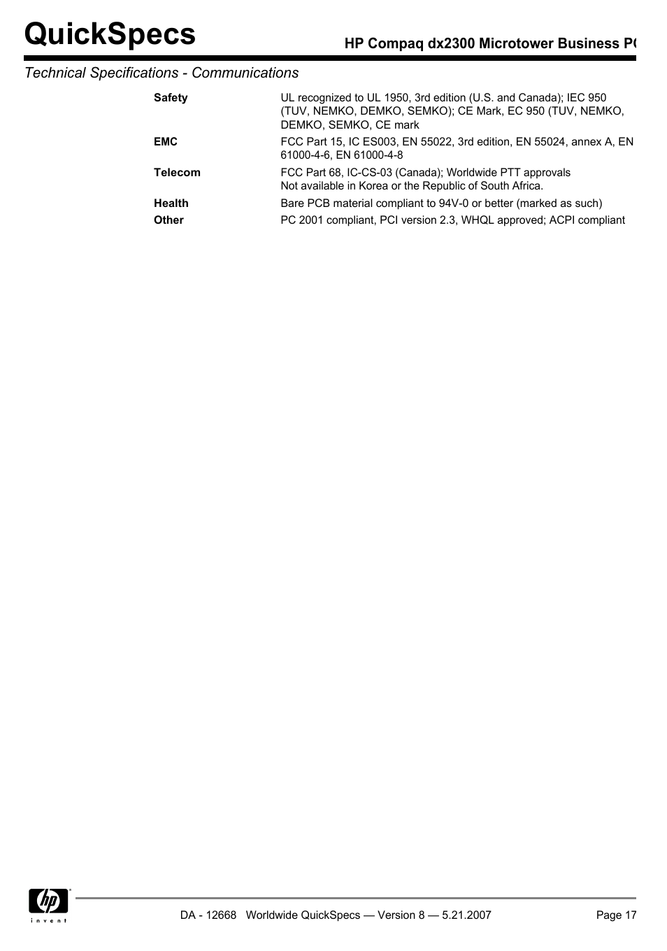 Quickspecs | HP Compaq Microtower Business PC dx2300 User Manual | Page 17 / 31