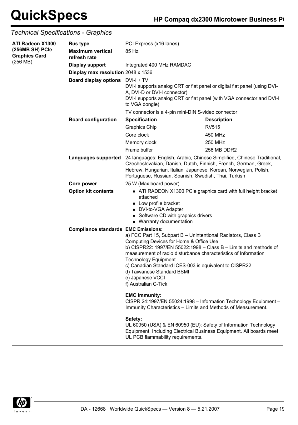 Quickspecs | HP Compaq Microtower Business PC dx2300 User Manual | Page 19 / 31