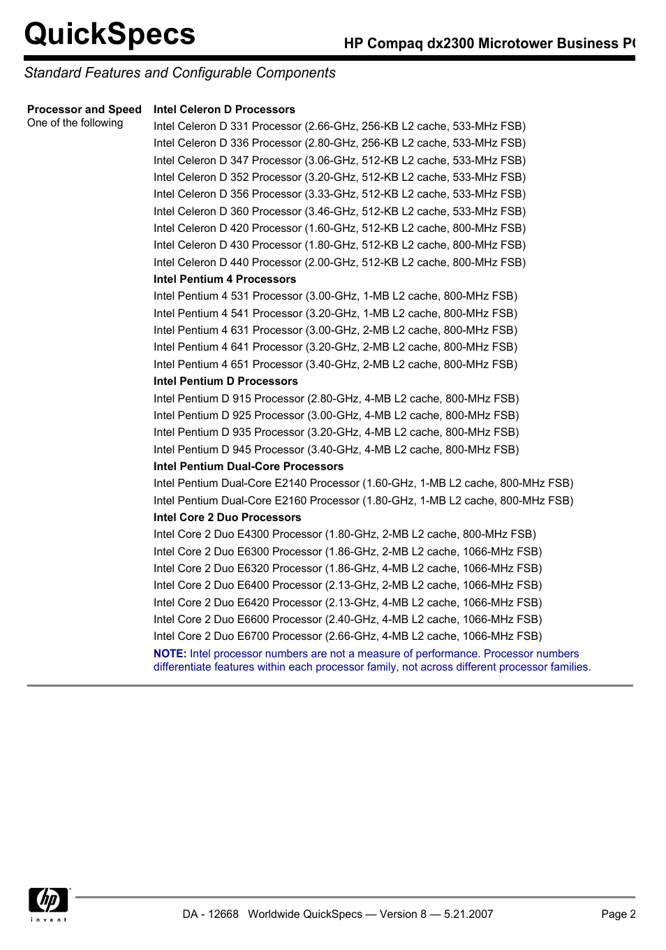 Standard features and configurable components, Quickspecs | HP Compaq Microtower Business PC dx2300 User Manual | Page 2 / 31