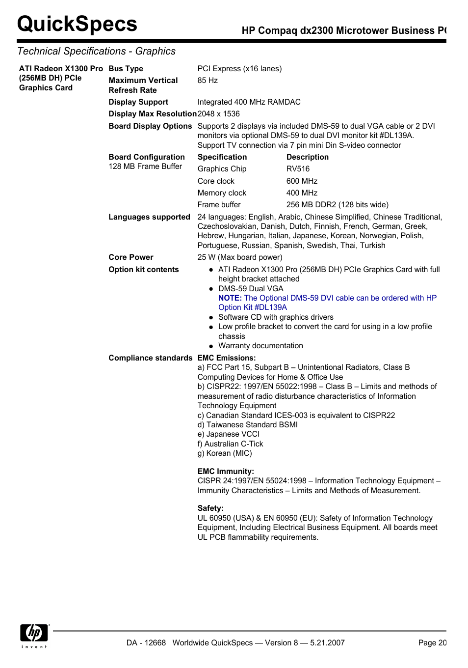 Quickspecs | HP Compaq Microtower Business PC dx2300 User Manual | Page 20 / 31