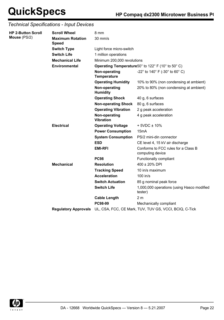 Quickspecs | HP Compaq Microtower Business PC dx2300 User Manual | Page 22 / 31
