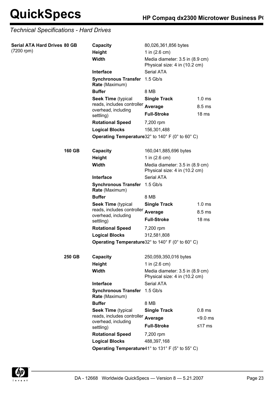 Technical specifications - hard drives, Quickspecs | HP Compaq Microtower Business PC dx2300 User Manual | Page 23 / 31