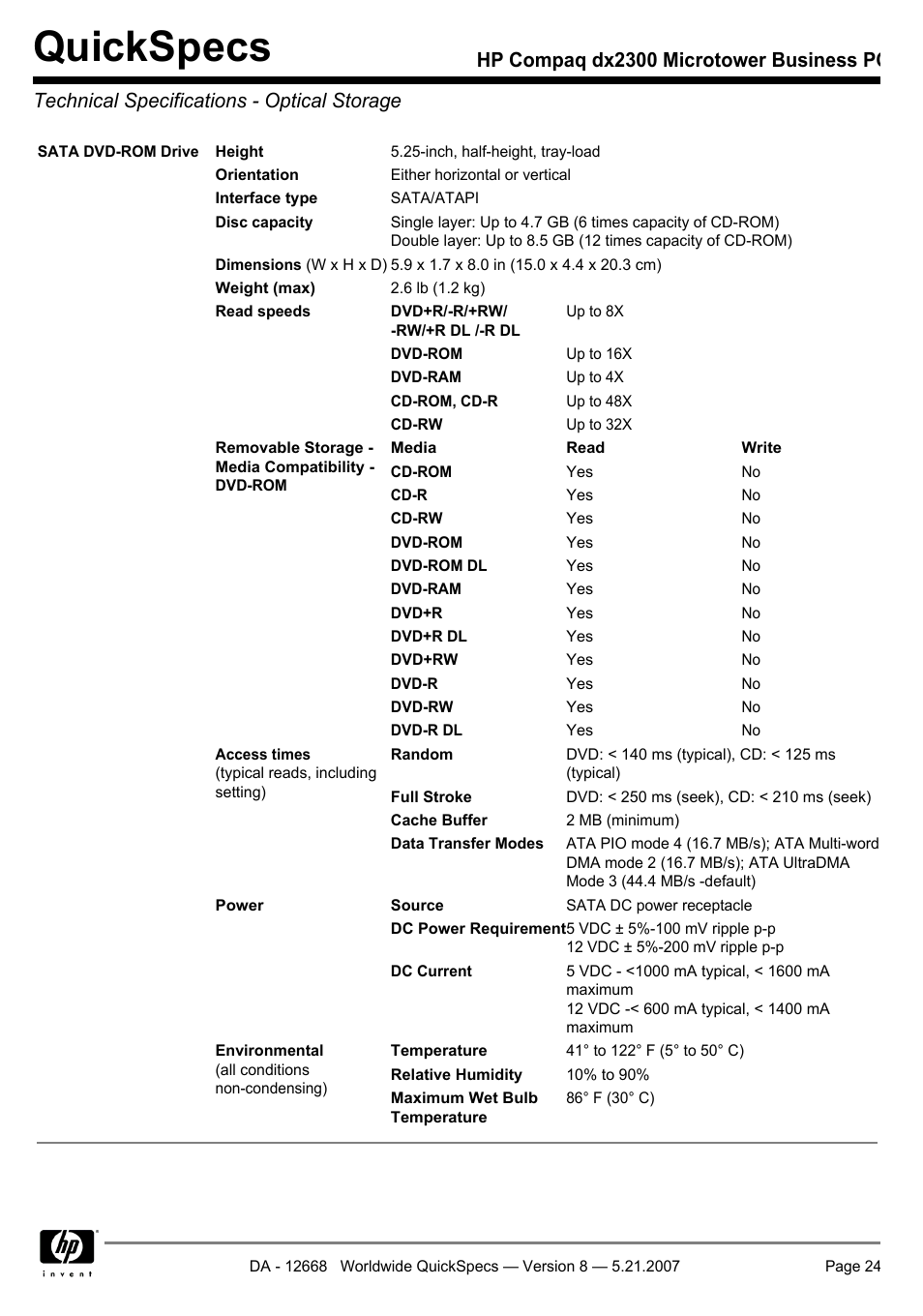 Technical specifications - optical storage, Quickspecs | HP Compaq Microtower Business PC dx2300 User Manual | Page 24 / 31