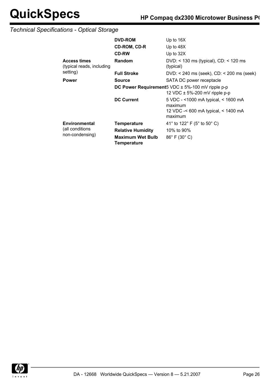 Quickspecs | HP Compaq Microtower Business PC dx2300 User Manual | Page 26 / 31