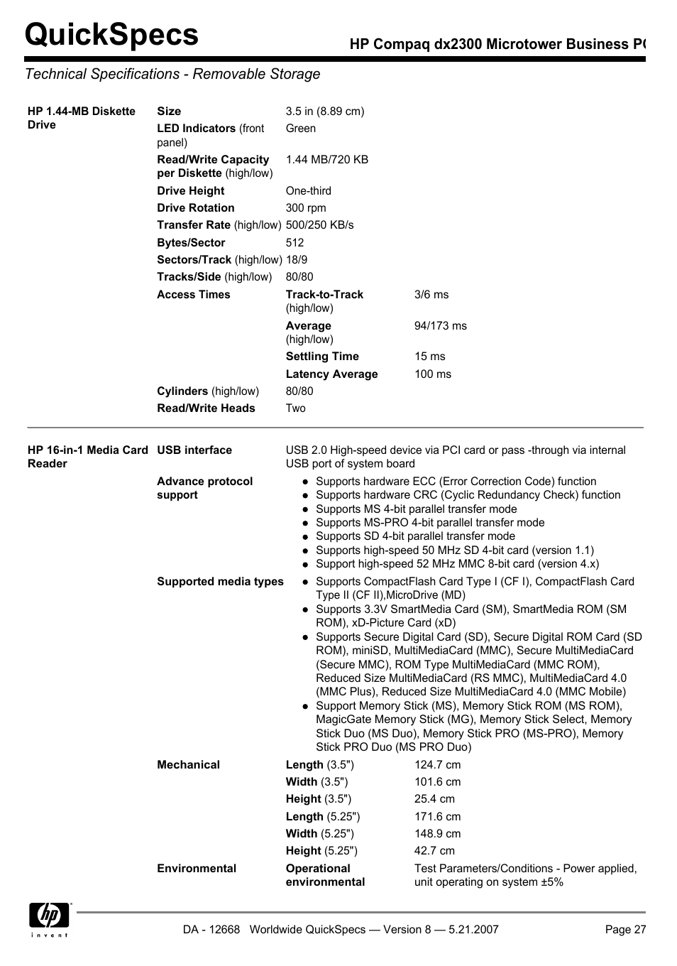 Technical specifications - removable storage, Quickspecs | HP Compaq Microtower Business PC dx2300 User Manual | Page 27 / 31