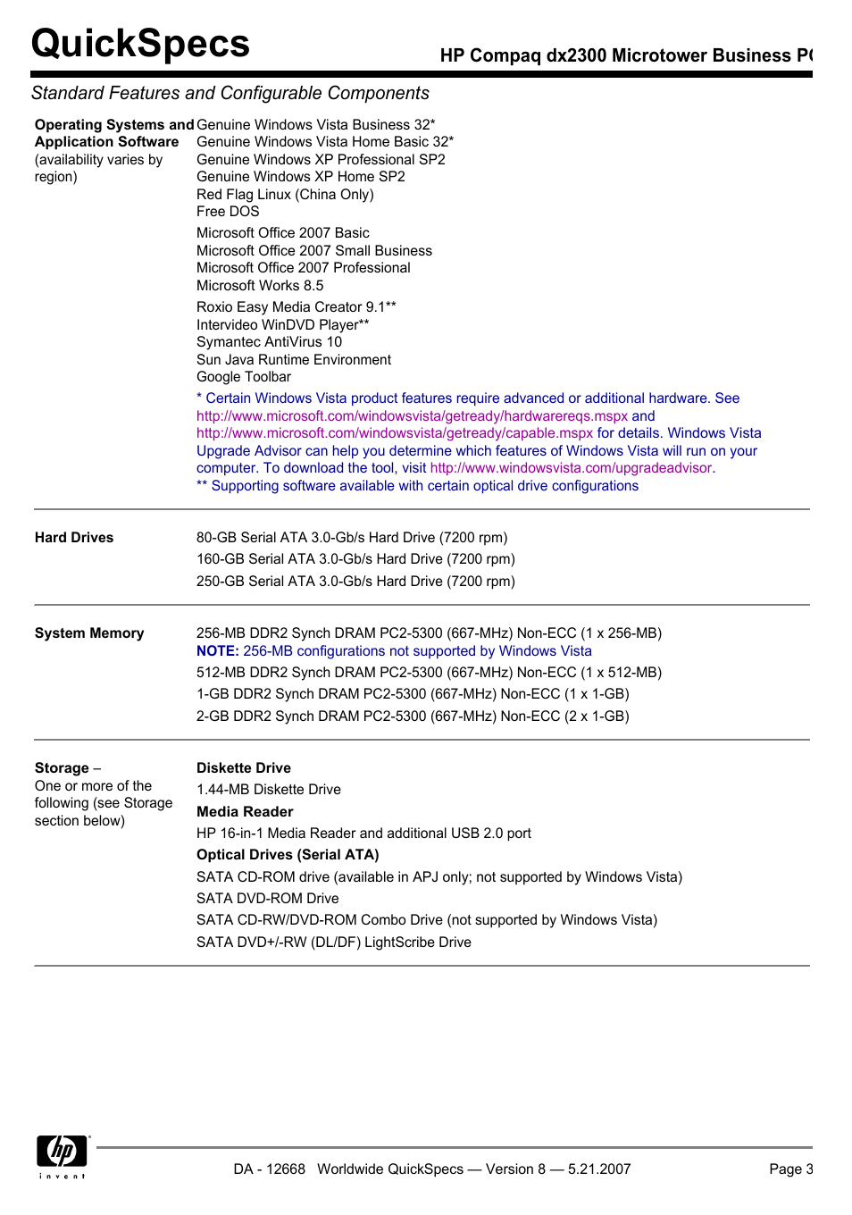 Quickspecs | HP Compaq Microtower Business PC dx2300 User Manual | Page 3 / 31