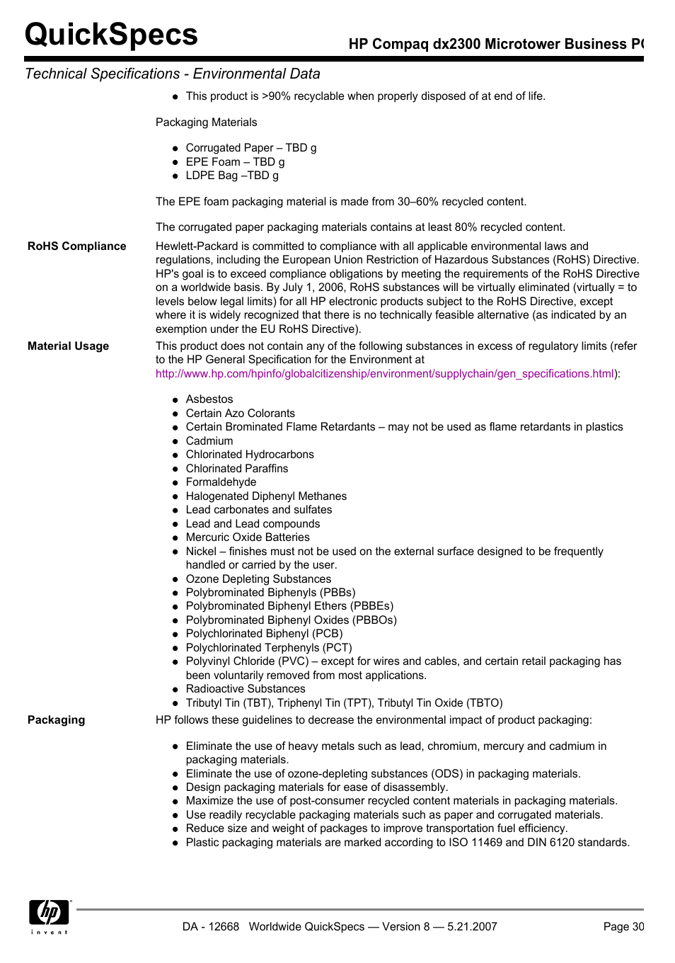 Quickspecs | HP Compaq Microtower Business PC dx2300 User Manual | Page 30 / 31