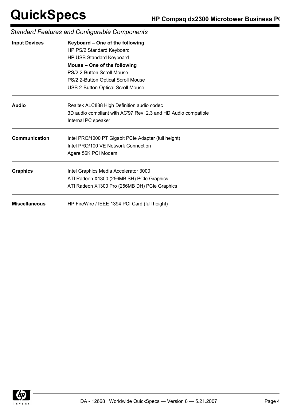 Quickspecs | HP Compaq Microtower Business PC dx2300 User Manual | Page 4 / 31