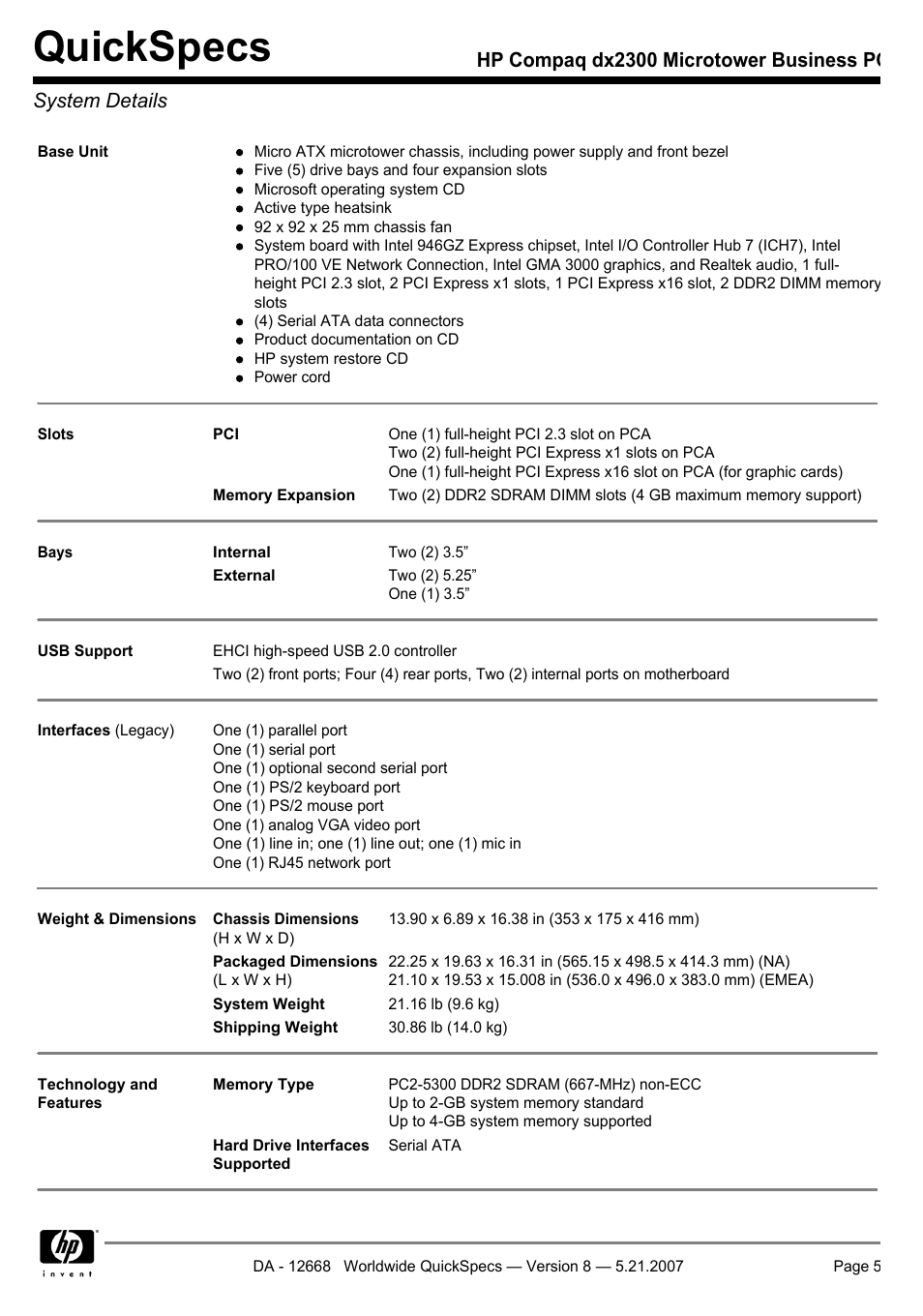 System details, Quickspecs | HP Compaq Microtower Business PC dx2300 User Manual | Page 5 / 31