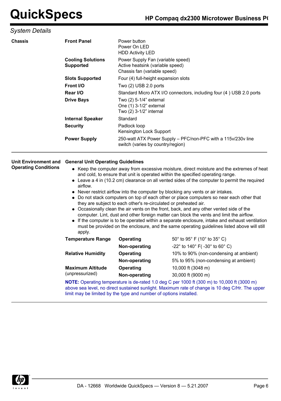 Quickspecs | HP Compaq Microtower Business PC dx2300 User Manual | Page 6 / 31