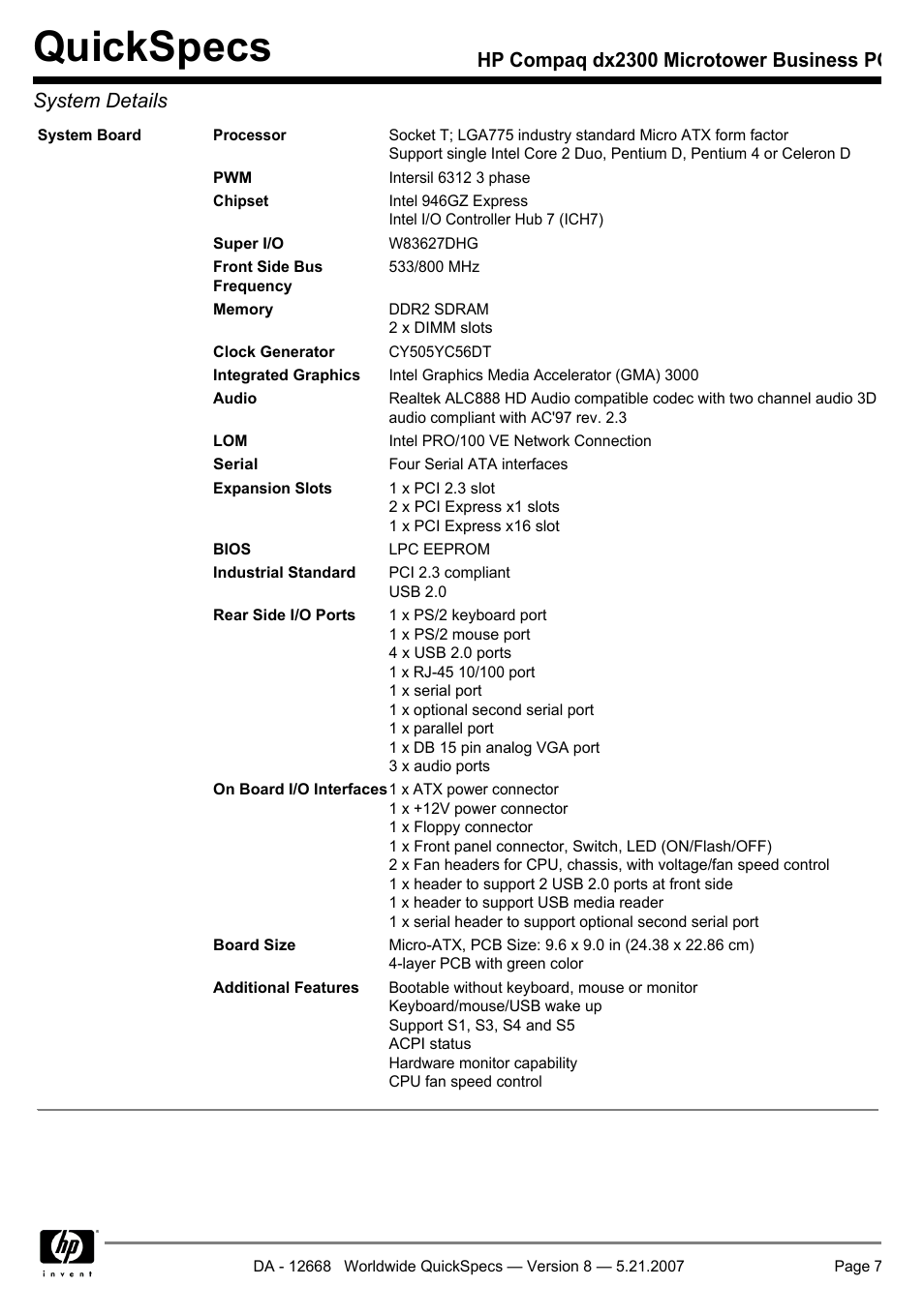 Quickspecs | HP Compaq Microtower Business PC dx2300 User Manual | Page 7 / 31