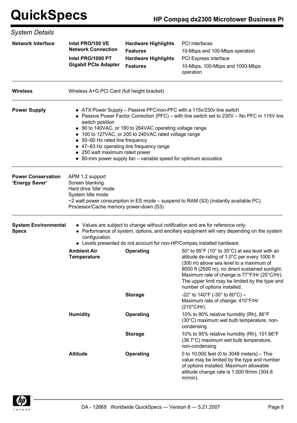 Quickspecs | HP Compaq Microtower Business PC dx2300 User Manual | Page 8 / 31