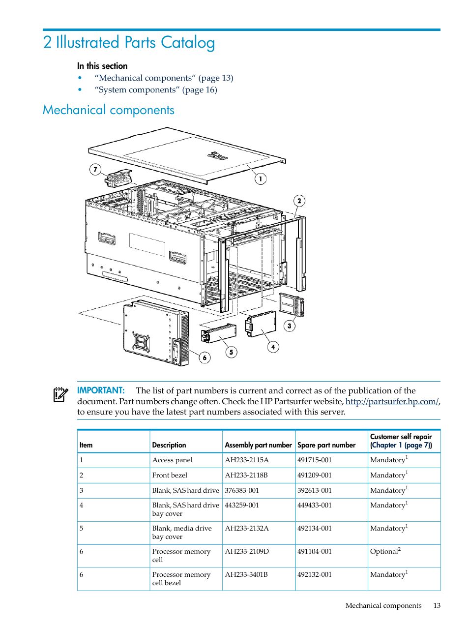 2 illustrated parts catalog, Mechanical components | HP DL785 User Manual | Page 13 / 90