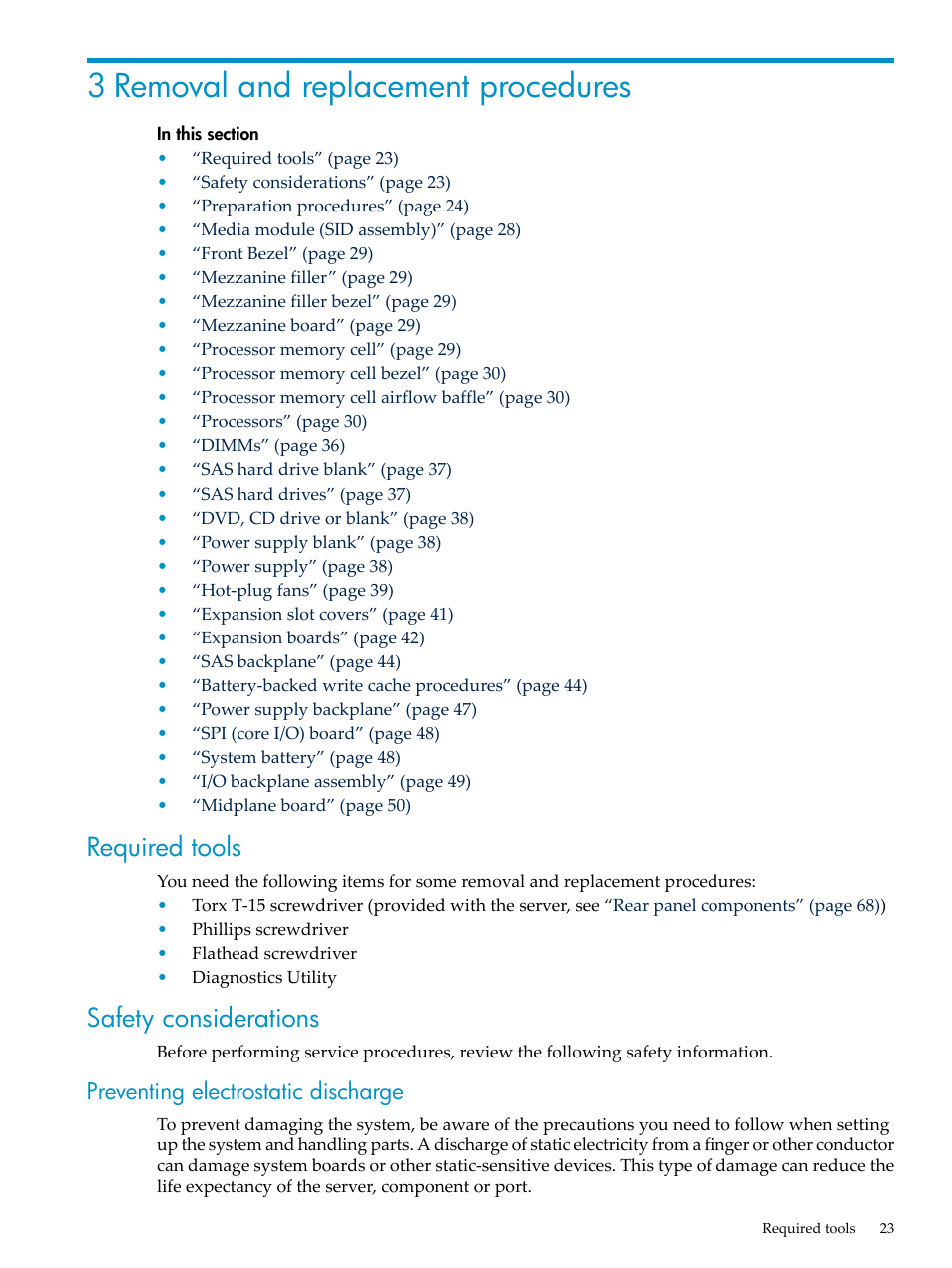 3 removal and replacement procedures, Required tools, Safety considerations | Preventing electrostatic discharge, Required tools safety considerations | HP DL785 User Manual | Page 23 / 90