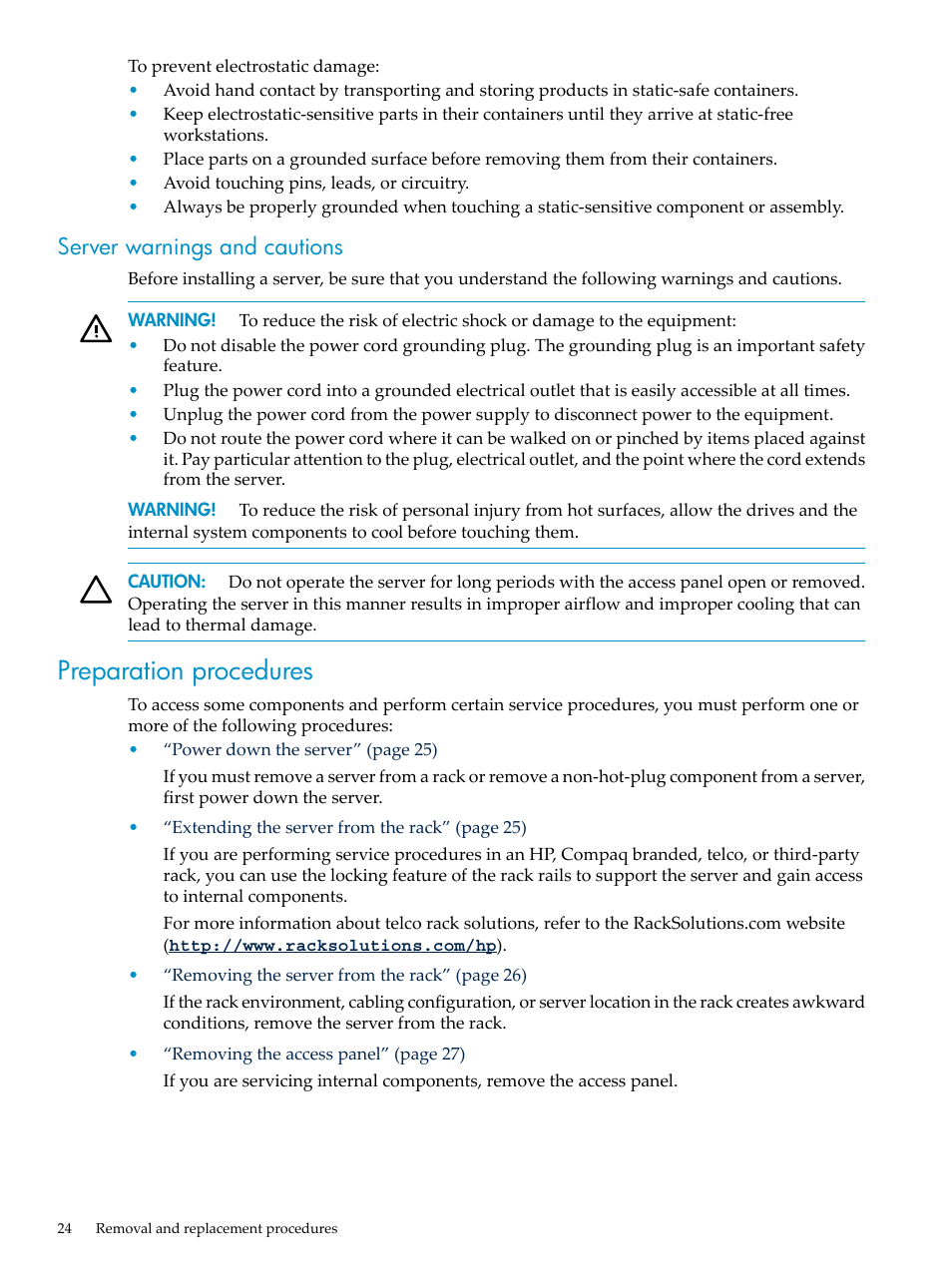 Server warnings and cautions, Preparation procedures | HP DL785 User Manual | Page 24 / 90
