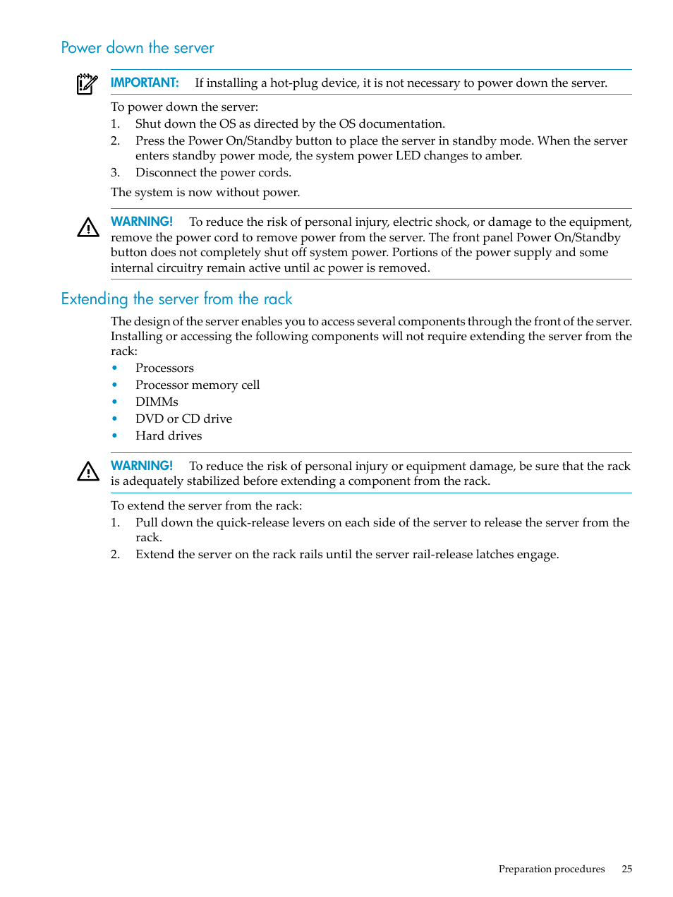 Power down the server, Extending the server from the rack | HP DL785 User Manual | Page 25 / 90