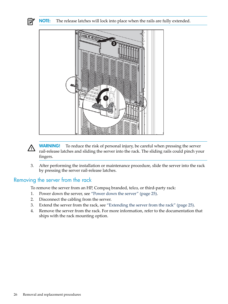 Removing the server from the rack | HP DL785 User Manual | Page 26 / 90