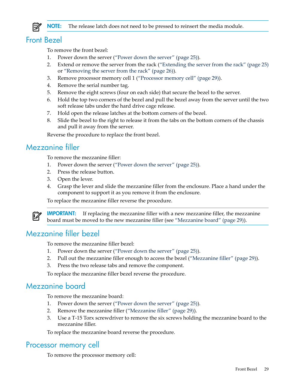 Front bezel, Mezzanine filler, Mezzanine filler bezel | Mezzanine board, Processor memory cell | HP DL785 User Manual | Page 29 / 90