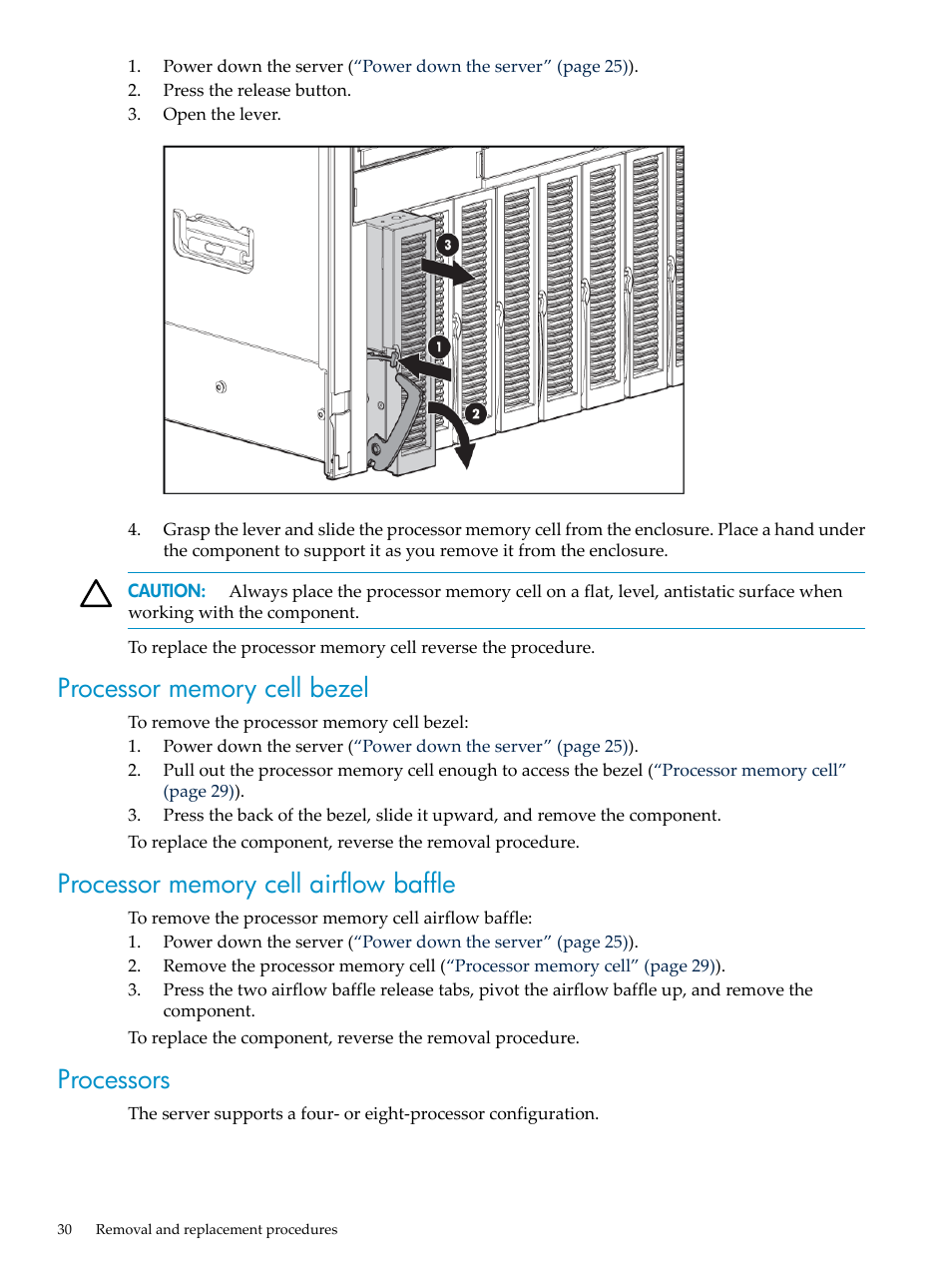 Processor memory cell bezel, Processor memory cell airflow baffle, Processors | HP DL785 User Manual | Page 30 / 90