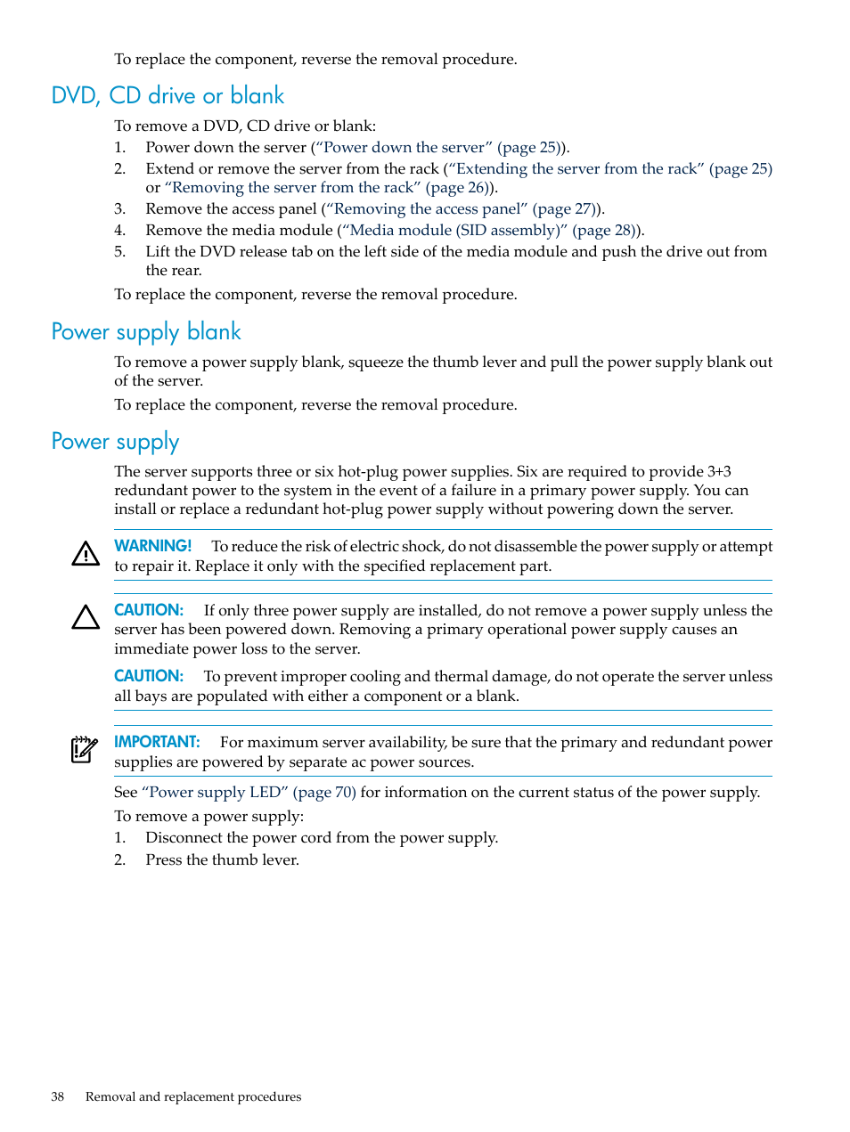 Dvd, cd drive or blank, Power supply blank, Power supply | HP DL785 User Manual | Page 38 / 90
