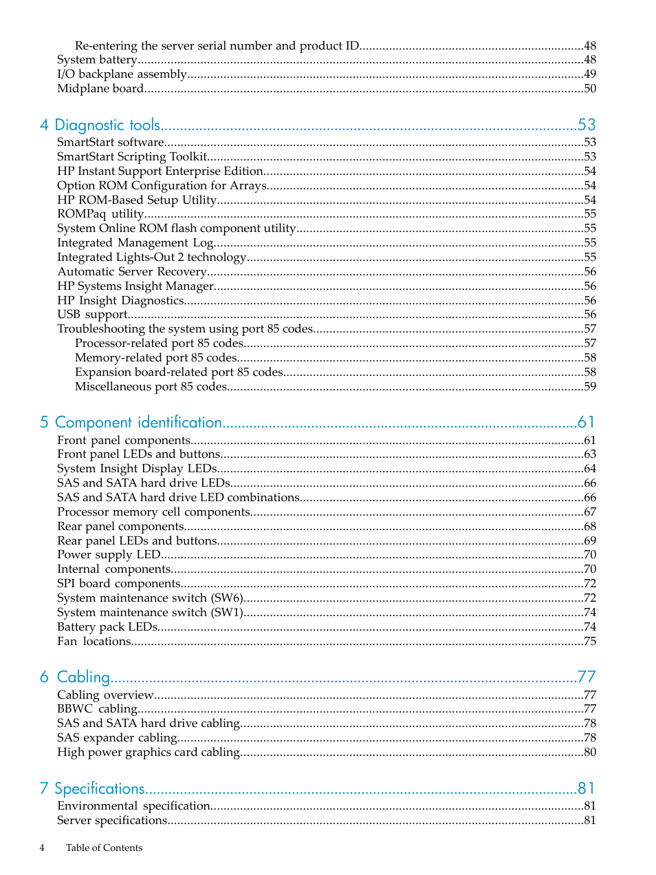 4 diagnostic tools, 5 component identification, 6 cabling | 7 specifications | HP DL785 User Manual | Page 4 / 90