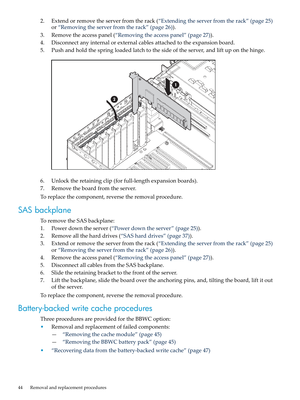 Sas backplane, Battery-backed write cache procedures | HP DL785 User Manual | Page 44 / 90