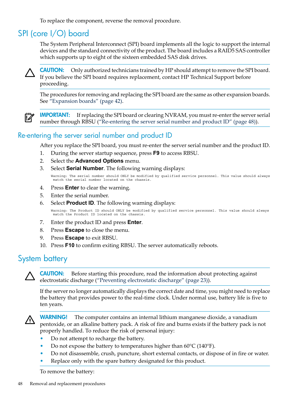 Spi (core i/o) board, System battery | HP DL785 User Manual | Page 48 / 90
